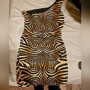 Grass jeans animal print one shoulder mini dress